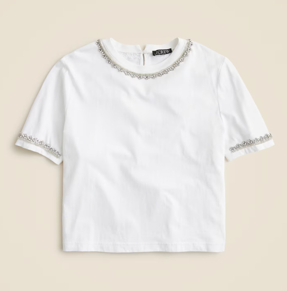 J.Crew Heavy Jersey Tee Shirt Rhinestones Crystals Embellished White XS NWT